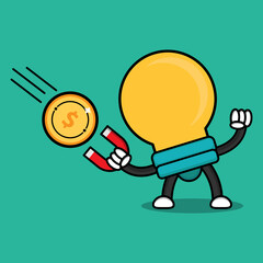 illustration of cartoon character bulb lamp with business activity.