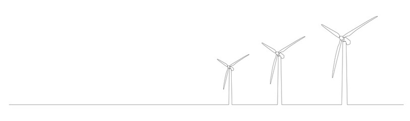 continuous single line drawing of wind turbines, renewable energy line art vector illustration - obrazy, fototapety, plakaty
