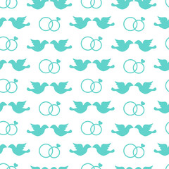 Wedding vector seamless pattern. Cute wedding rings, pigeons. Marriage flat design.