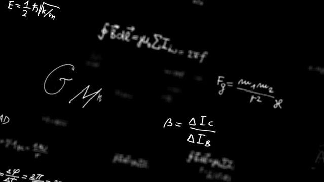 Animated white handwritten physics and math formulas move past the camera with depth of field against a black background. 3D scientific background. . High quality 4k footage