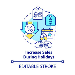 Increase sales during holidays concept icon. Festive offers. Discount strategy abstract idea thin line illustration. Isolated outline drawing. Editable stroke. Arial, Myriad Pro-Bold fonts used