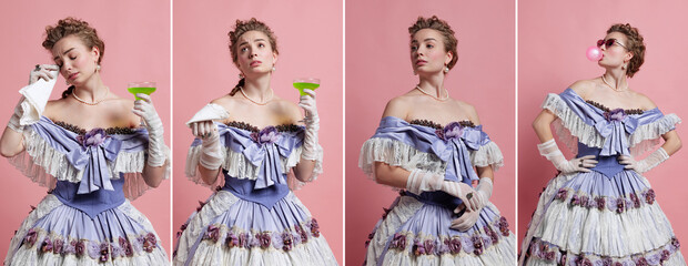 Set of creative portraits of young adorable girl in image of medieval royal person in renaissance style dress isolated on pink background. Comparison of eras, beauty