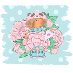 A set of cute illustrations of a panda girl in a peony dress surrounded by flowers with a can of paint and artistic kits. Graphic illustration with flowers for logos and postcards