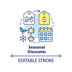 Seasonal discount concept icon. Reduced price to increase sales. Type of allowances abstract idea thin line illustration. Isolated outline drawing. Editable stroke. Arial, Myriad Pro-Bold fonts used