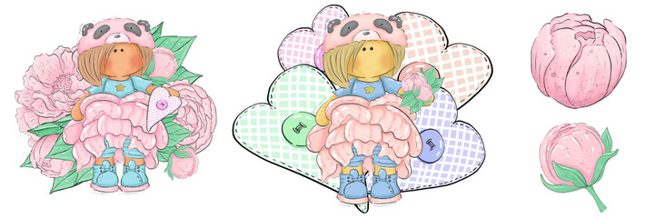 A set of cute illustrations of a panda girl in a peony dress surrounded by flowers with a can of paint and artistic kits. Graphic illustration with flowers for logos and postcards