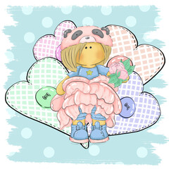 Cute illustration Panda girl in a peony dress on the background of textile hearts. Pink peonies bouquet, textile doll, hearts, green leaves. Graphic illustration with flowers for logos and postcards