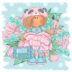 A set of cute illustrations of a panda girl in a peony dress surrounded by flowers with a can of paint and artistic kits. Graphic illustration with flowers for logos and postcards