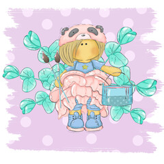 A set of cute illustrations of a panda girl in a peony dress surrounded by flowers with a can of paint and artistic kits. Graphic illustration with flowers for logos and postcards