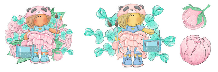 A set of cute illustrations of a panda girl in a peony dress surrounded by flowers with a can of paint and artistic kits. Graphic illustration with flowers for logos and postcards