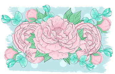 Bouquets of pink peony flowers and eucalyptus leaves. Graphic design elements. To create a logo, and postcards.