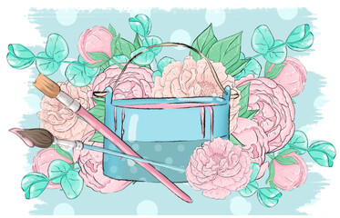A jar of paint and brushes on the background of a Bouquet of pink peony flowers and eucalyptus leaves. Graphic design elements. To create a logo and postcard