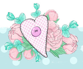 Textile heart on the background of a Bouquet of pink peony flowers and eucalyptus leaves. Graphic design elements. To create a logo and postcard
