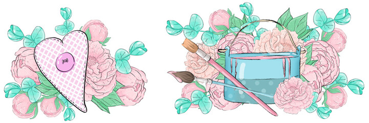 Set of Textile heart and jar with paint and brushes on the background of Bouquet of pink peony flowers and eucalyptus leaves. Graphic design elements. To create a logo and postcard
