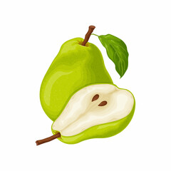Pear. An image of a ripe green pear. A cut piece of pear. Sweet fruit from the garden. Vegetarian vitamin product. Vector illustration