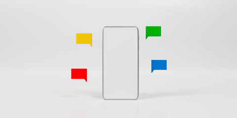 3D render smartphone with floating chat bubbles, social media chat app trendy.