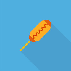 Hot dog icon with long shadow. Icon corn dog isolated on blue background. Street food icon. Fast food logo for menu cafeteria, pub, restaurant. Vector illustration in flat design