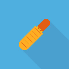 Hot dog icon with long shadow. Icon french hot dog isolated on blue background. Street food icon. Fast food logo for menu cafeteria, pub, restaurant. Vector illustration in flat design