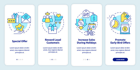 Discount policy onboarding mobile app screen. Marketing walkthrough 4 steps editable graphic instructions with linear concepts. UI, UX, GUI template. Myriad Pro-Bold, Regular fonts used