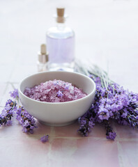 Fototapeta na wymiar Aromatherapy lavender bath salt and massage oil