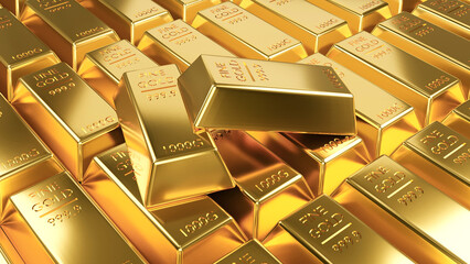 Stack close-up Gold Bars, weight of Gold Bars. Concept of success in business and finance. 3d rendering