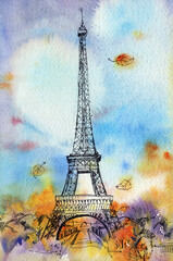 Eiffel tower watercolor illustration. Autumn in Paris art.