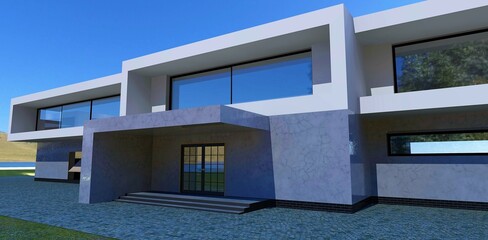 Obraz premium Entrance to a modern high-tech building. Finishing of a facade from white marble. Large reflective windows on spacious balconies. 3d render.