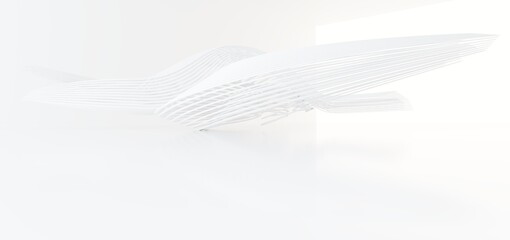 Luxury white abstract architectural minimalistic background. Contemporary showroom. Modern  exhibition stand. Empty gallery. Backlight. Polygonal Graphic Design. 3D illustration and rendering.