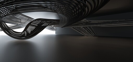 Luxury parametric abstract architectural minimalistic background. Contemporary showroom. Modern black exhibition tunnel. Empty gallery. Neon backlight. Night. Space.  3D illustration and rendering.