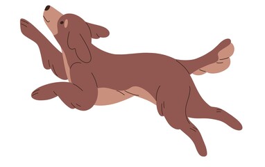 Cute happy dog running, rejoicing. Funny carefree puppy jumping. Doggy, canine animal. Adorable friendly bicolor pup in motion. Flat  illustration isolated on white background