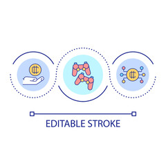 Get free crypto coins by gaming loop concept icon. Play video game to achieve tokens. Blockchain abstract idea thin line illustration. Isolated outline drawing. Editable stroke. Arial font used