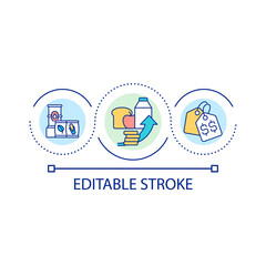 Food products rise in prices loop concept icon. Inflation consequences. Expensive goods abstract idea thin line illustration. Isolated outline drawing. Editable stroke. Arial font used