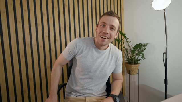 Businessman Talks To Friend On Video Call Getting Interrupted By Mom Coming To Office. Man Distracts From Communication To Hug Mother From POV To Third Party