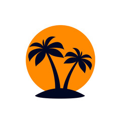African Rainforest Coconut Trees or Tropical Palm Trees with Orange Sun on White Backdrop. Simple Black Silhouette for Eco Floral Logotype Emblem in Retro Art, or Travel Logo Design