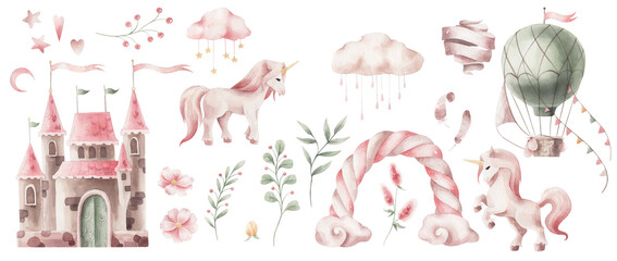 Watercolor set illustratios with unicorn and castle and balloon isolated on transparent. Cute watercolor illustrations for girls.