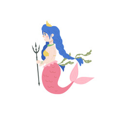 Little mermaid with a trident. Underwater vector illustration. Childish vector illustration for apparel design, poster, wall art.