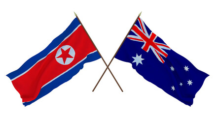 Background for designers, illustrators. National Independence Day. Flags North Korea and Australia