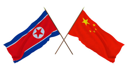 Background for designers, illustrators. National Independence Day. Flags North Korea and China