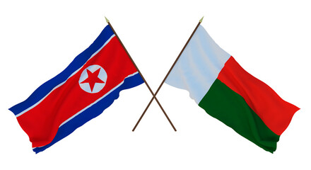 Background for designers, illustrators. National Independence Day. Flags North Korea and Madagascar