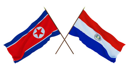 Background for designers, illustrators. National Independence Day. Flags North Korea and Paraguay