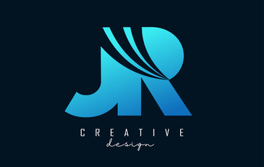 Creative blue letters JR j r logo with leading lines and road concept design. Letters with geometric design.