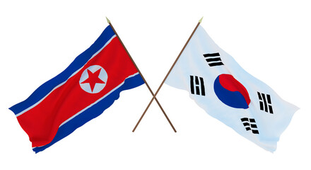 Background for designers, illustrators. National Independence Day. Flags North Korea and South  Korea