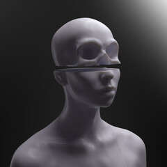 Abstract concept sculpture illustration from 3D rendering of white marble female figure sliced cut head with skull upper part and isolated on background.