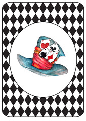 Alice in Wonderland Watercolor hand drawn  characters on Grunge vintage  black and white diamond checker circus  banner
