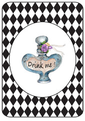 Alice in Wonderland Watercolor hand drawn  characters on Grunge vintage  black and white diamond checker circus  banner
