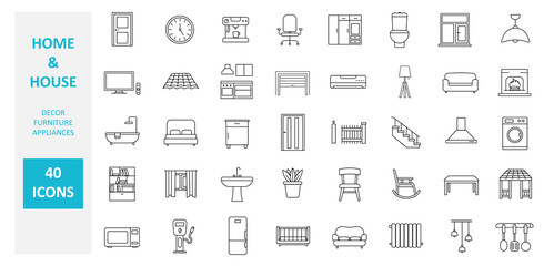House modern interior indoor and outdoor furniture linear icons set 