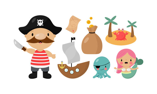 Pirate set. Pirate, octopus, ship, island, map, mermaid, bag of gold. Good for birthday cards,  invitations, stickers, prints etc. Vector illustration in cartoon style. Isolated on a white background.