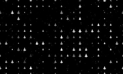 Seamless background pattern of evenly spaced white yoga symbols of different sizes and opacity. Vector illustration on black background with stars