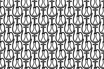 Seamless pattern completely filled with outlines of hookah symbols. Elements are evenly spaced. Vector illustration on white background