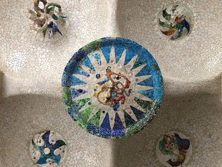 [Spain] The ceiling with tile decoration in The Hypostyle Room in Park Guell (Barcelona)