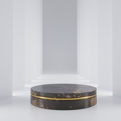 Black marble stand with gold trim. Species room for demonstration. Granite with gold veins, 3d rendering